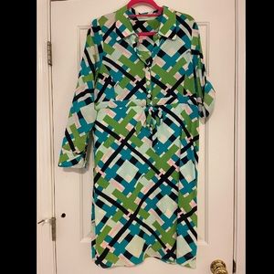 Lilly Pulitzer Geometric Print Dress Green Navy Pink Turquoise Tie-Waist Size 12
